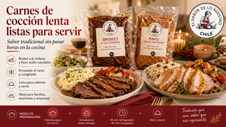 Carnes de cocción lenta listas para servir con Brisket a la chilena y Pavo estilo navideño envasados al vacío